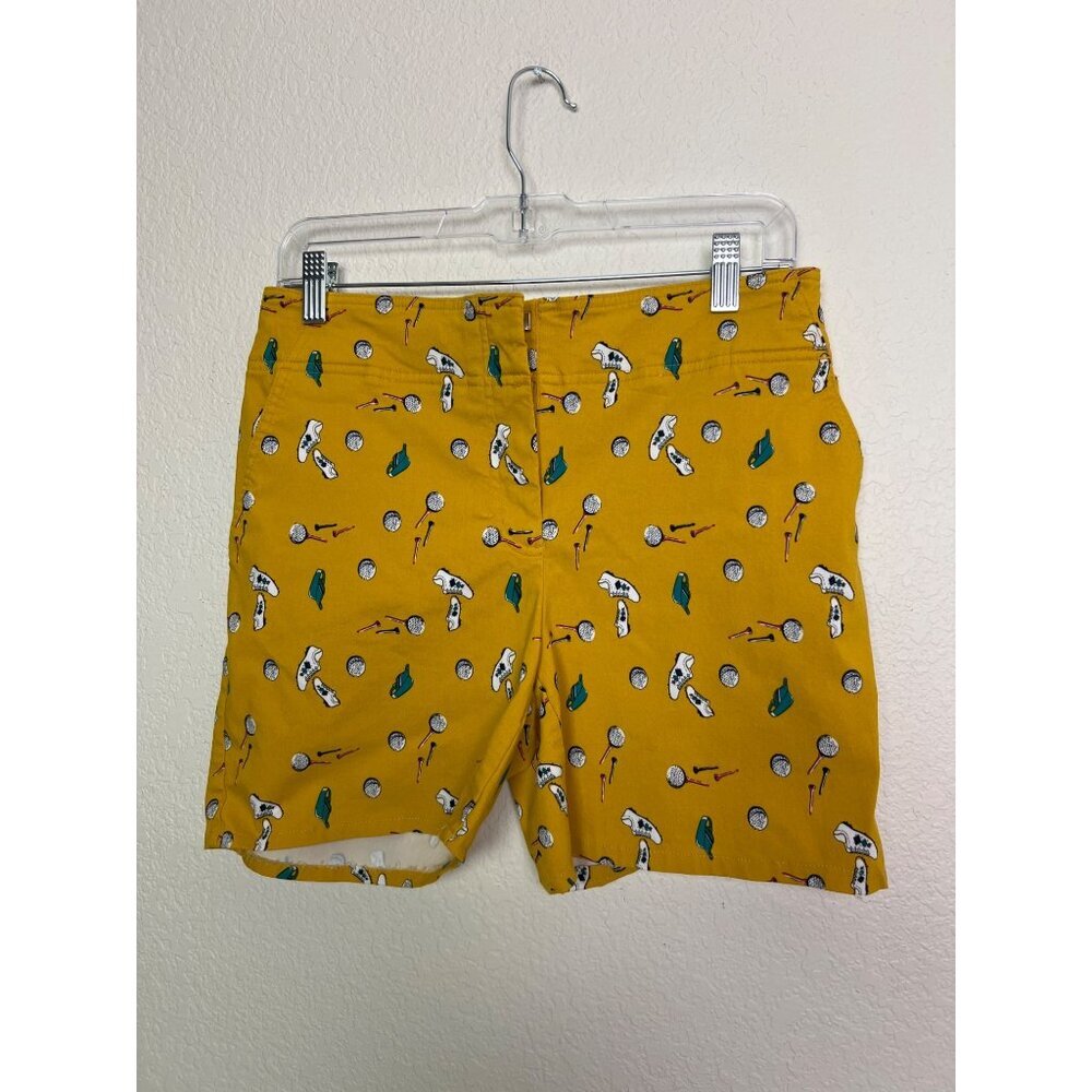 Izod Golf Mustard Yellow Shorts Graphic Print Clubs Balls Shoes Size 10 *SEE DES